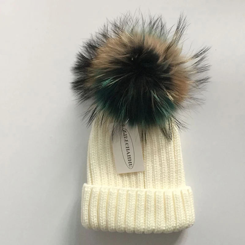 Women White Модная новинка, помпоны из натурального Лисьего меха и норки, 15 см, Skullies Beanies, шапки для женщин и девочек, зимние шапки, детские шапки, шапка - Цвет: Women White