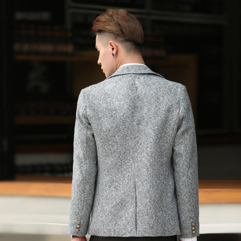 Классический Твид Мужчины Blazer Дизайн Тощий Винтаж Turn Down Воротник Пиджак Моды