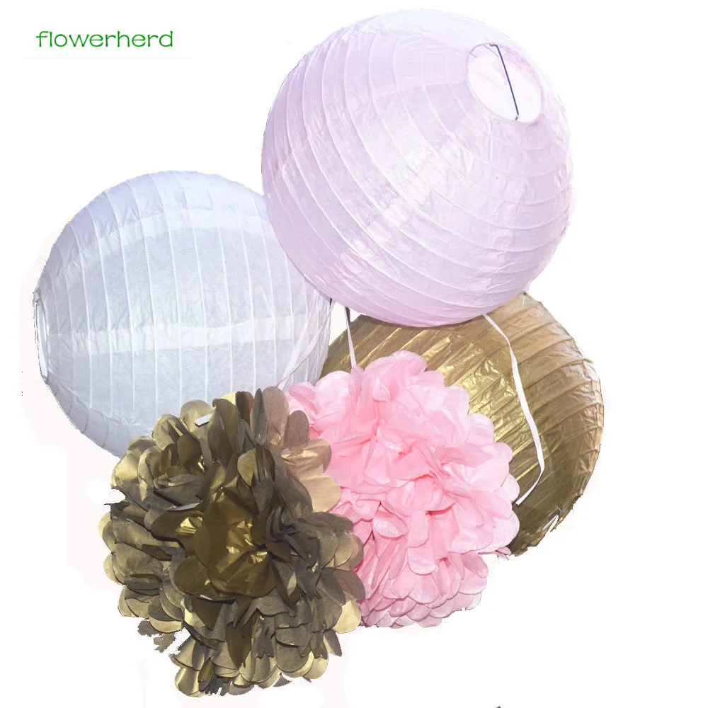6 шт 8 дюймов (золотой розовый белый) Бумага фонарь ткань Pom Poms Свадебный декор