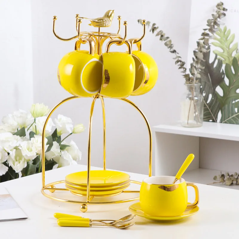 4-piece set Yellow Модный набор кофейных чашек с принтом губ, фарфоровый набор чайных чашек из костяного фарфора, Набор чашек и блюдцев, чайные вечерние стаканы, свадебные подарки - Цвет: 4-piece set Yellow