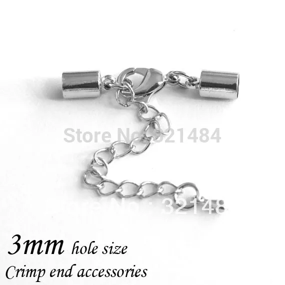 100 шт./лот родиевое покрытие для кожаного шнура 3 мм концевые колпачки с застежкой