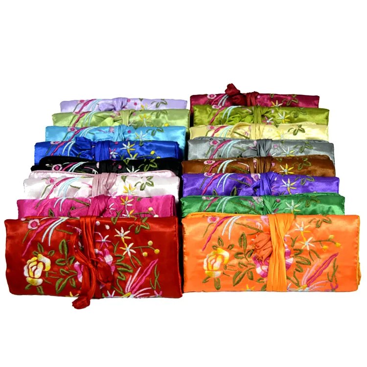 Embroidery flower Bird Silk Fabric Roll Jewelry Cosmetic Travel Bag Folding Drawstring Bag Large Ladies Makeup Bag 10pcs