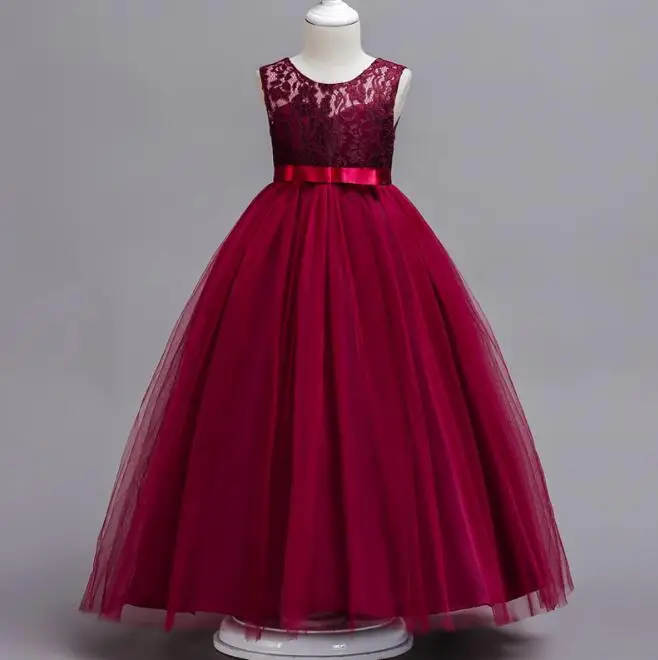 Wine Red Длинное кружевное платье для девочек-подростков, вечерние платья-пачки с фатиновой юбкой на свадьбу, день рождения, платья для детей 6, 8, 10, 12, 14, 16 лет - Цвет: Wine Red