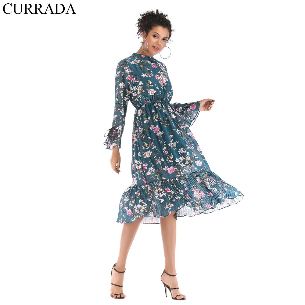 Весна печати шифон платье элегантный лепестковое Детские платья с расклешенными