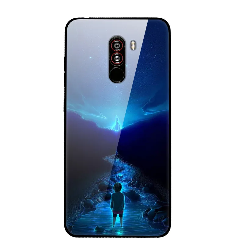 Коричневый Чехол для Xiaomi Pocophone F1, закаленное жесткое заднее стекло, чехол для Xiaomi Poco F1, силиконовый мягкий бампер, чехол с принтом - Цвет: Коричневый