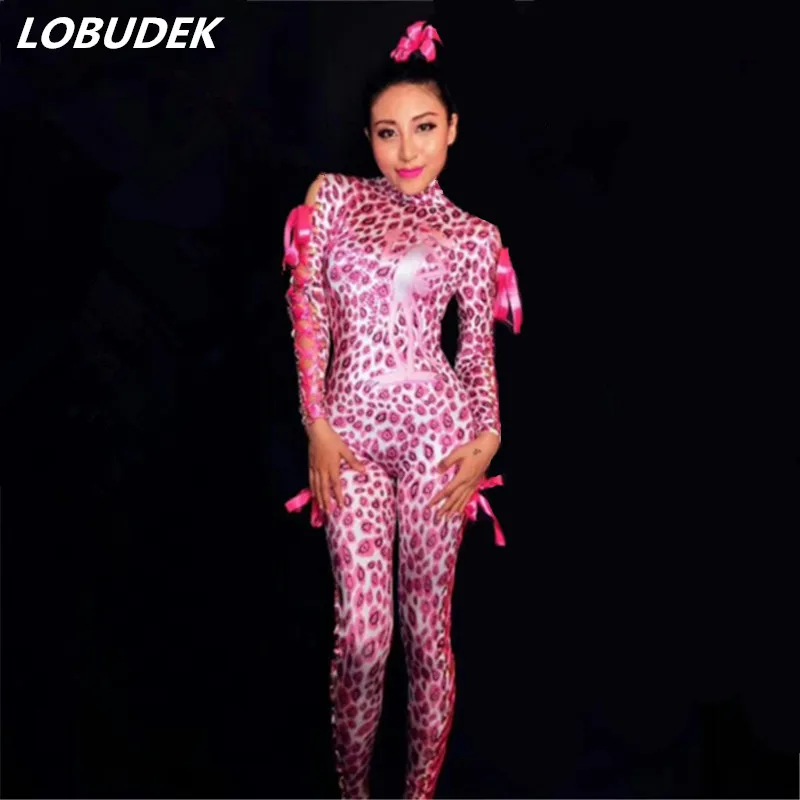 

Fashion Pink Leopard Bandage Jumpsuit Female Birthday Party Leotard Rompers Singer Dancer Nightclub Concert Tour Stage Costume