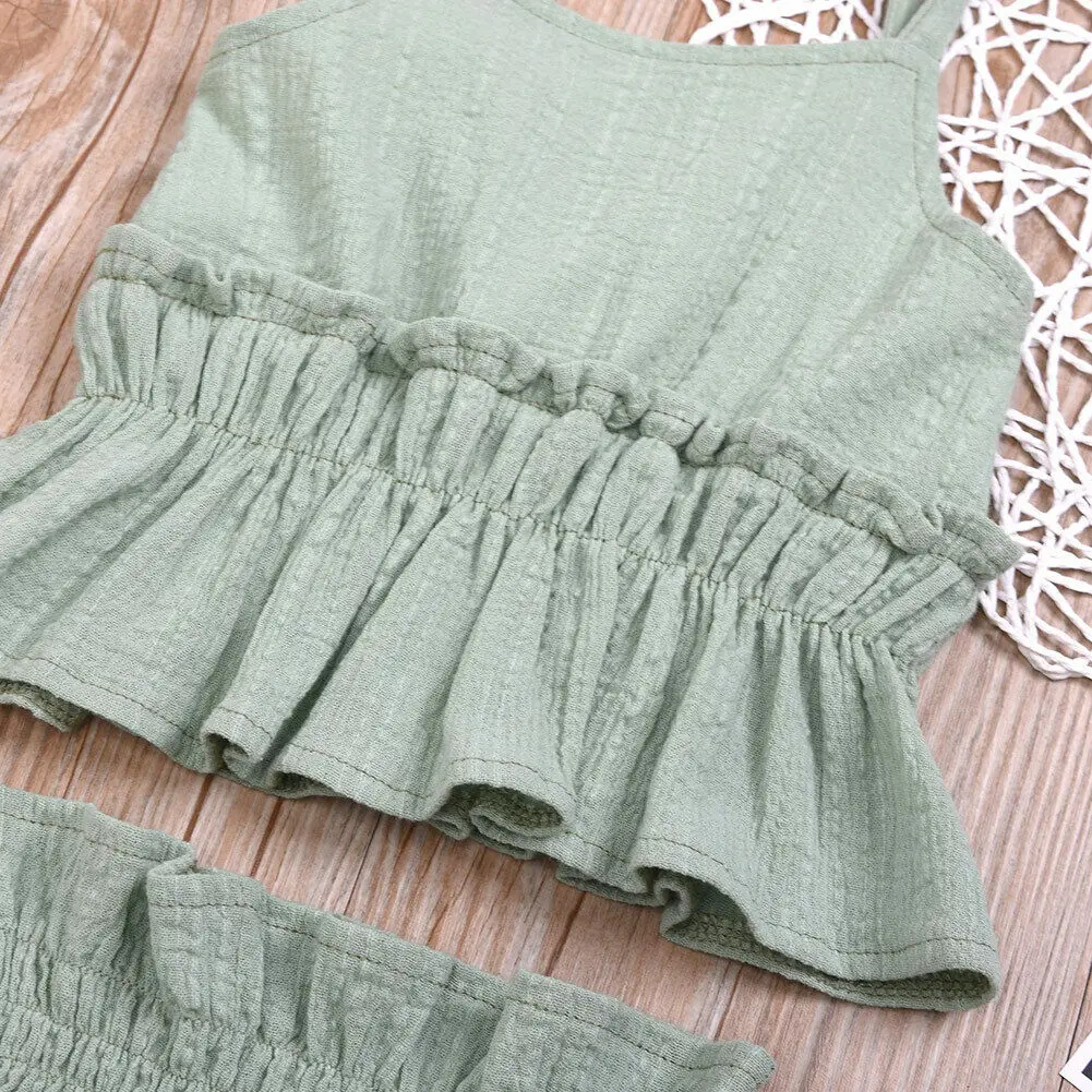 

Toddler Sweet Baby Girls Linen Ruffle Top Shorts Pants Outfits Casual Summer Girls Clothes Set