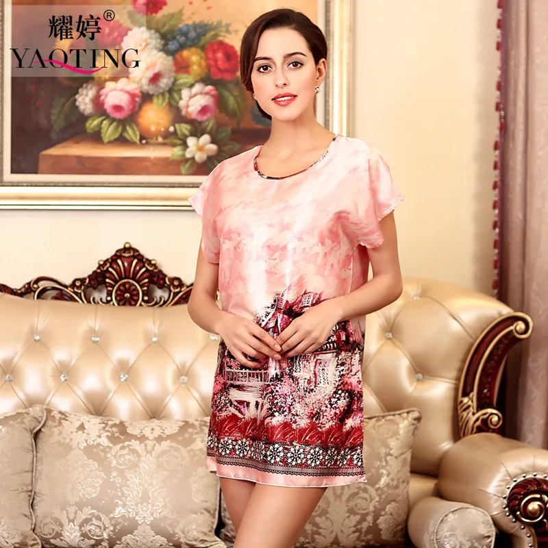 Лето лед шелковой Ночной Рубашке Пижамы женщин с короткими рукавами длинные