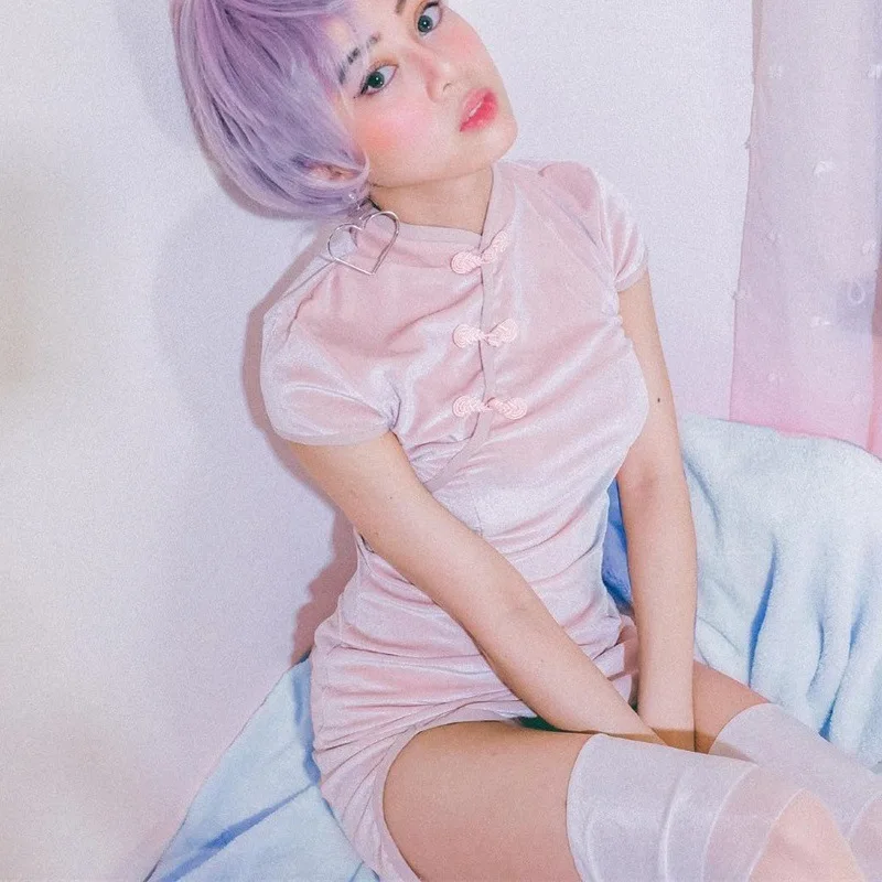 Женское бархатное платье Ципао короткое черное в китайском стиле с коротким