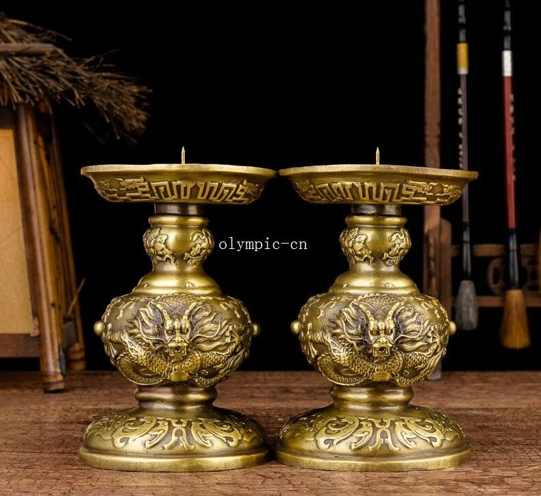 

pair 7'' brass copper carved auspicious beast dragon wax candle candelabrum