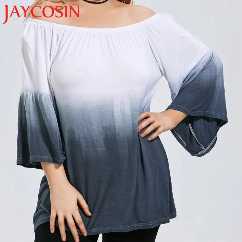 JAYCOSIN недавно 2018 для женщин Большие размеры с открытыми плечами градиент Dip-dye Pullover