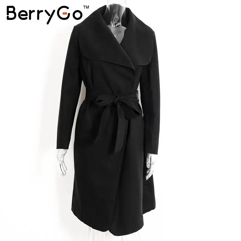 Черный BerryGo, теплая куртка с отложным воротником, Женское пальто с поясом, Черное длинное зимнее пальто, осеннее пальто, женская розовая верхняя одежда - Цвет: Черный