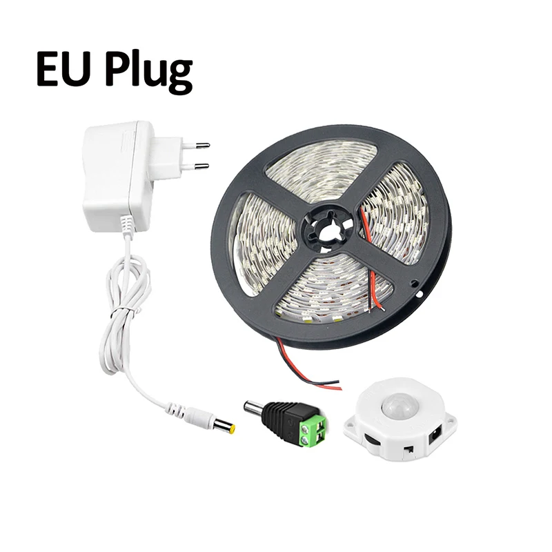 EU Plug 1 комплект, 5 м, 12 В, PIR датчик движения, Светодиодная лента s 5050, 60, светодиодный S/M, красный, синий, Светодиодная лента, светильник, не водонепроницаемый, белый, теплый+ штепсельная вилка европейского и американского стандарта, для кухни - Испускаемый цвет: EU Plug