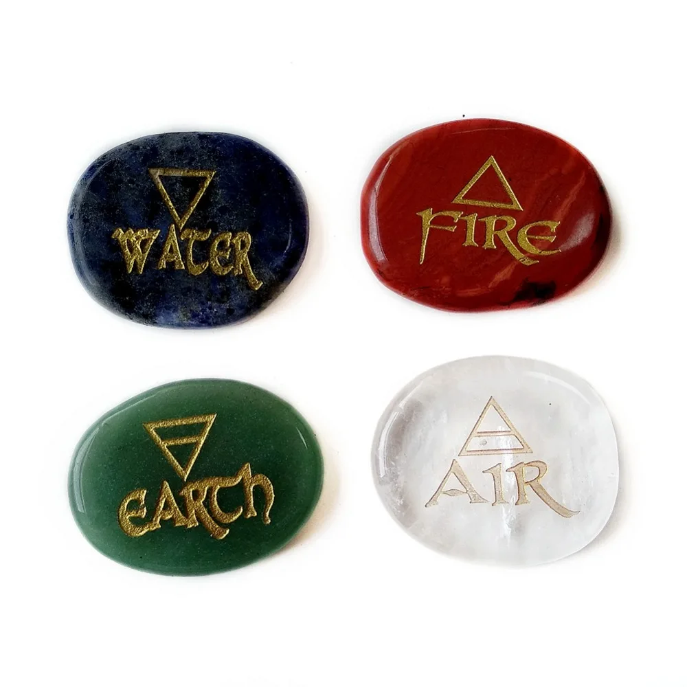 

Natural Mixed Stones Element Symbols Set Reiki Healing Palm Stones Power Crystals 4pcs/set Free Velvet Bag