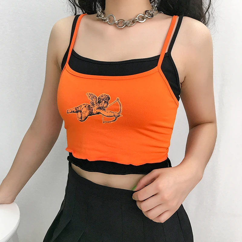 Weekeep Обрезанные Лоскутные Cami для женщин с принтом ангела Bodycon Короткий Летний Топ уличная без рукавов кроп Топы