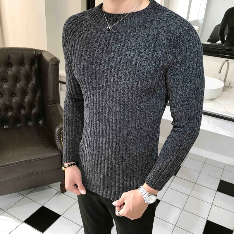 Sweater spring and autumn men's slim half-neck solid color sweater British style casual pullover bottoming | Мужская одежда