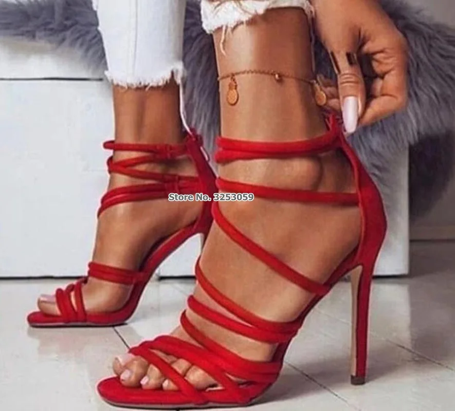 

ALMUDENA Young Ladies Red Suede Cross Strappy High Heels Sandals Zipped Covered Heel Thin Strappy Cage Dress Shoes Wedding Pumps