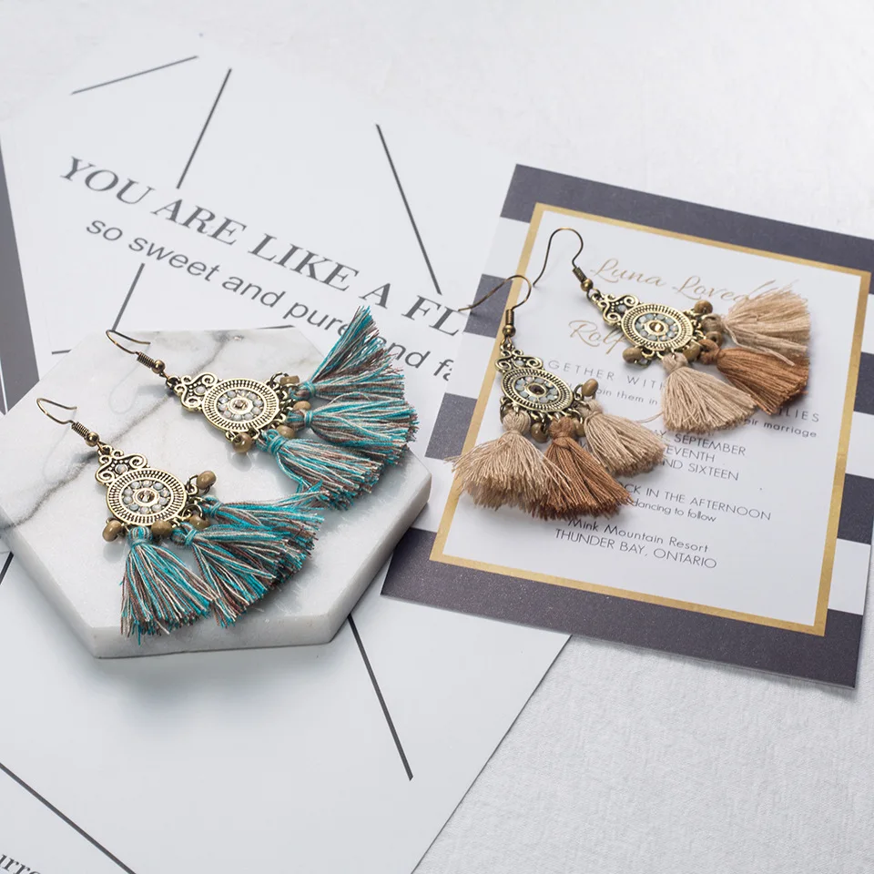 QIANKE Bohemian Big Fabric Tassel Drop Earrings for Women Boho Retro Bead Statement Dangle Earring Fashion Jewelry Wholesale | Украшения и