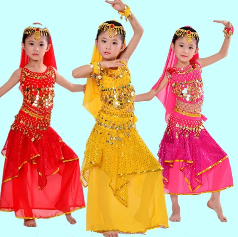 

Cheap Prices 7 Piece Set Sequin girls Belly dance Indian Kids Dress Bollywood Belly Dance Costumes skirt or pants 2 kind