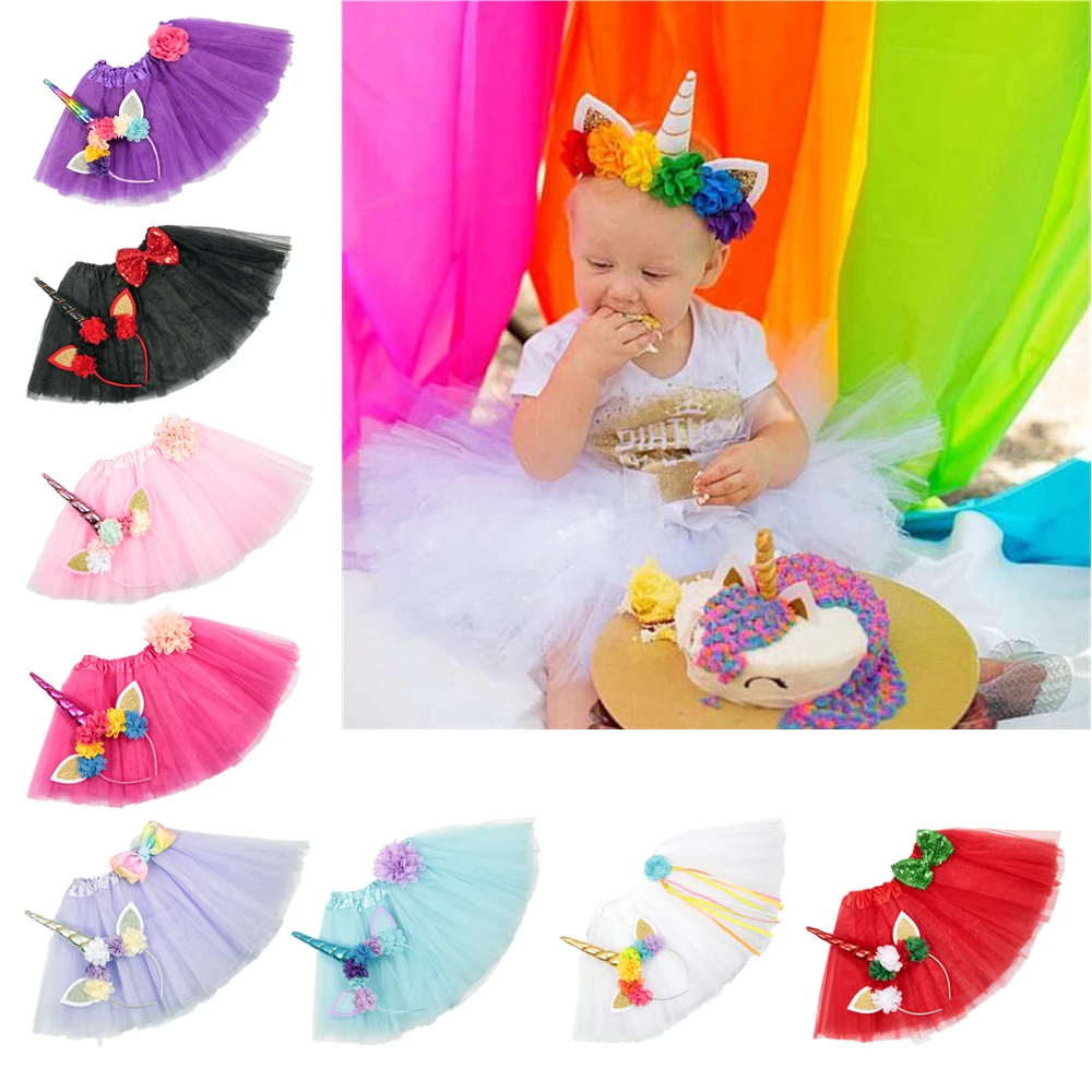 Vintage Inspired Bbay Girls TuTu Skirt Dress + Unicorn Horn Headband Set Kids Birthday Photo Props Outfit