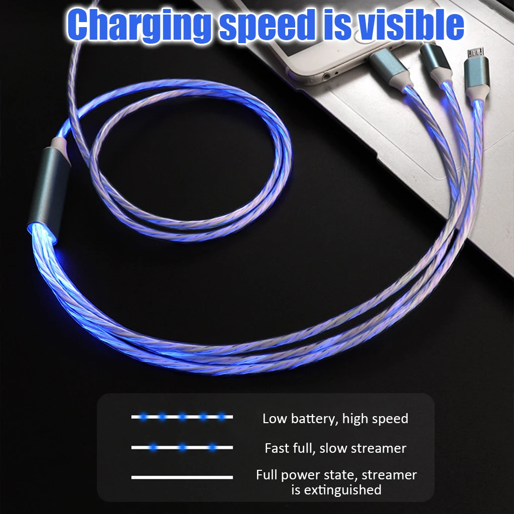 Кабель Micro USB/type C/Lightning 3 в 1 светодиодный кабель с током для зарядки iPhone huawei Sumsung смартфонов