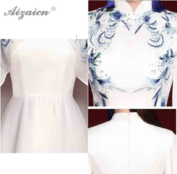 Новые модные синие белые длинные платья Cheongsam из шифона с вышивкой Qi Pao, женское традиционное платье на одно плечо, платье Qipao