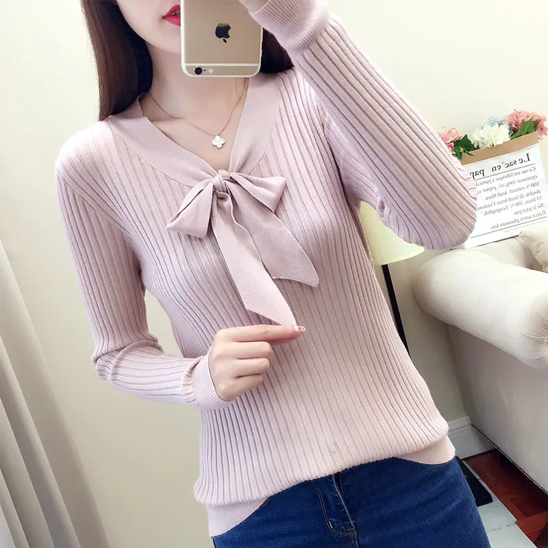 

2018 Spring And Winter V Collar Solid New Bow Slim Sweater