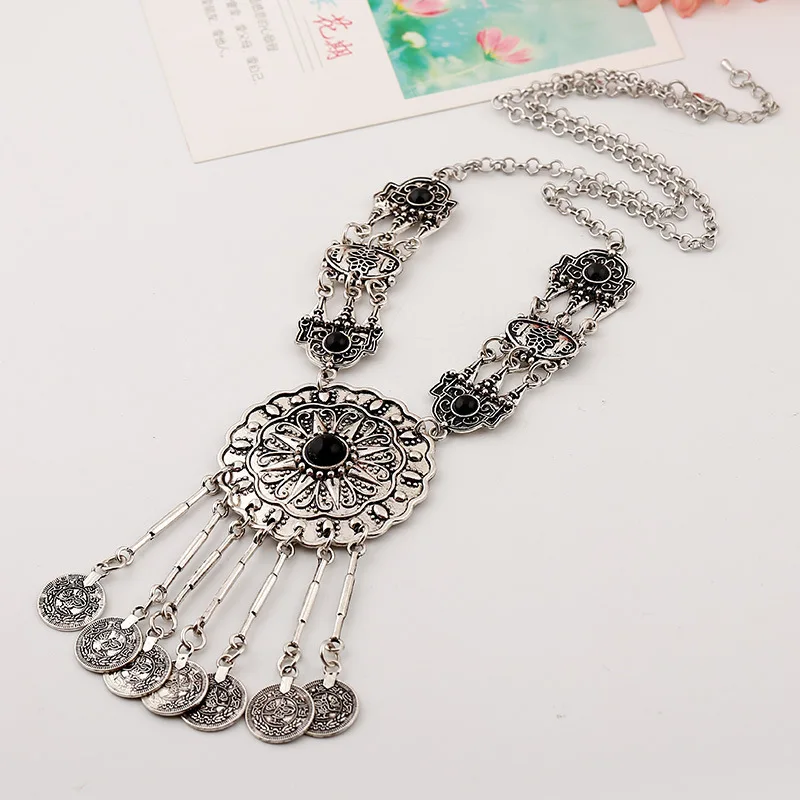 

Bohemian Resin Beads Carved Metal Flower Coin Fringe Necklace Retro Silver Turkish Ethnic Gypsy Jewelry
