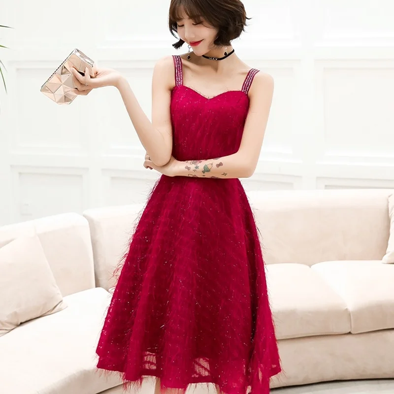 Summer Wedding Party Dress Midi Long Gown Fiesta Vestido Soiree Femme Spaghetti Strap Red Bridesmaid Dresses 2019 New TS1390 | Свадьбы и