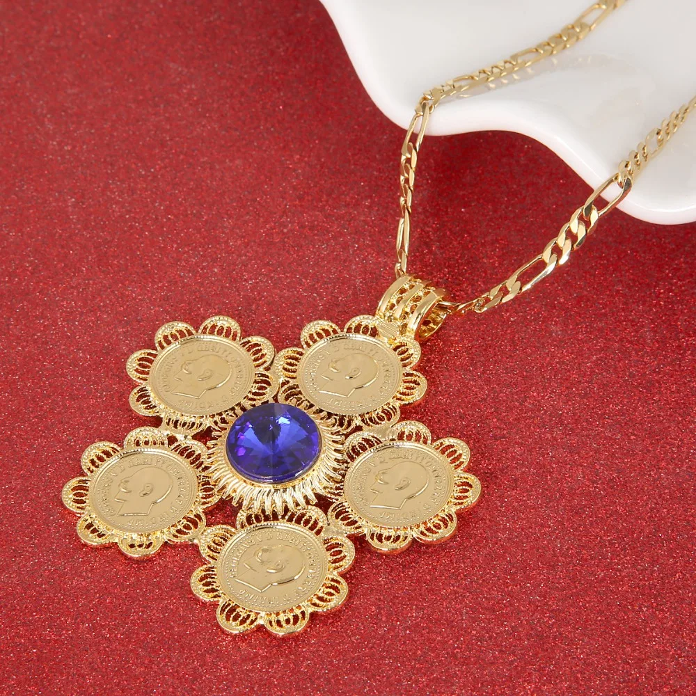 Ethiopian Red Blue Green Stone Cross Pendant Necklace Women Men Jewelry Africa Coin Eritrea Habesha | Украшения и аксессуары