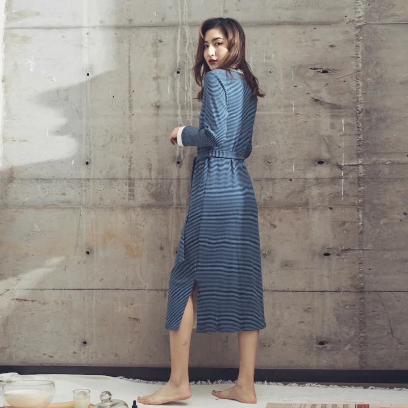 Женские хлопковые халаты пижамы Полосатый Тонкий с длинным рукавом халат