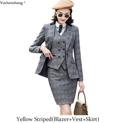 Yellow Striped Suits Модный жилет, блейзер и юбка, комплект из 3 предметов, Женский костюм с полосатой юбкой высокого качества,, рабочая одежда, полный рукав, женские костюмы - Цвет: Yellow Striped Suits