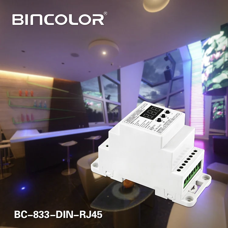 

BC-833-DIN-RJ45 DIN Rail DC12-24V input 8A*3CH output,3CH Constant voltage DMX512/1990 Decoder controller for led strip,lamp