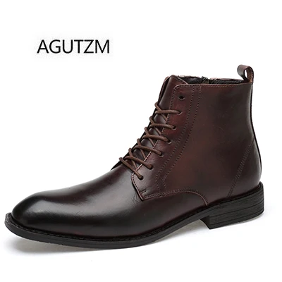 AGUTZM/Коллекция 9206 года; сезон осень-зима; мужские ботинки из натуральной кожи на шнуровке с квадратным носком; теплые плюшевые повседневные мужские ботильоны в деловом стиле - Цвет: dark brown no plush