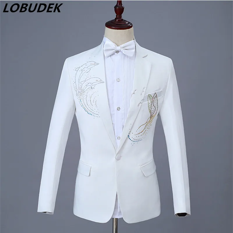 

White Men's Suits Adult Singer Stage Chorus Costume Sparkly Crystal Coat Jacket Nightclub Host Party Prom Studio Show Outfit