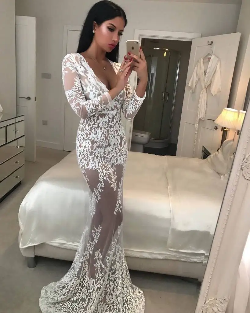 Women See Through Floral V Neck Lace Long Dress Sexy Evening Party Vestidos | Свадьбы и торжества