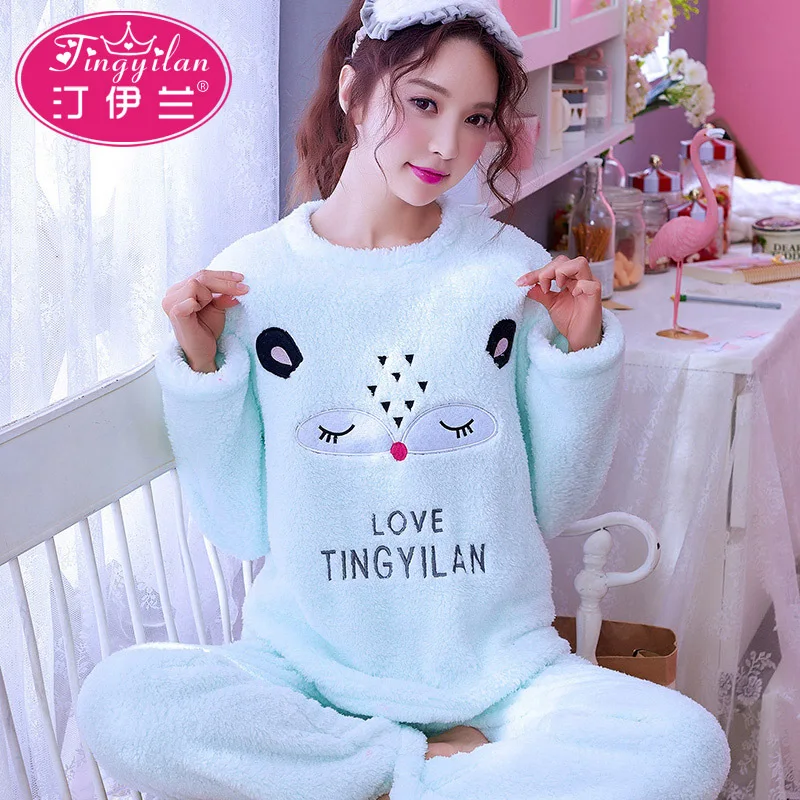 Warm Pyjamas Осень-зима, женские пижамные комплекты, толстый теплый коралловый бархатный Пижамный костюм, фланелевая длинная Пижама, Mujer, мультяшная Пижама с надписями и животными - Цвет: Warm Pyjamas