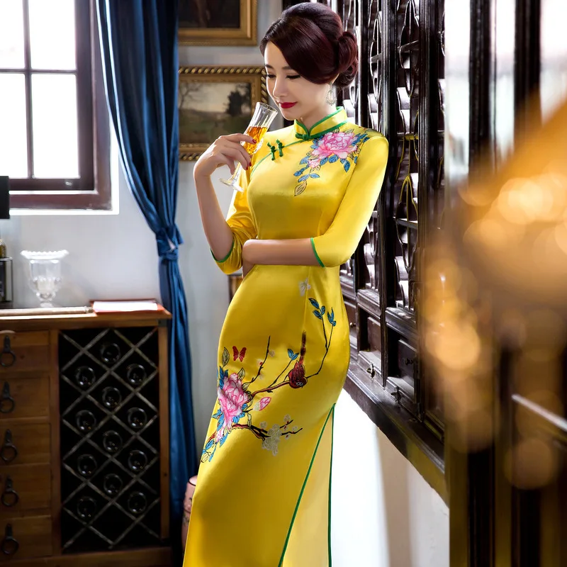 Китайская традиционная одежда для женщин большие размеры Длинные Qipao Современная Qipao платье женские элегантные шелковые длинные рукава cheongsam