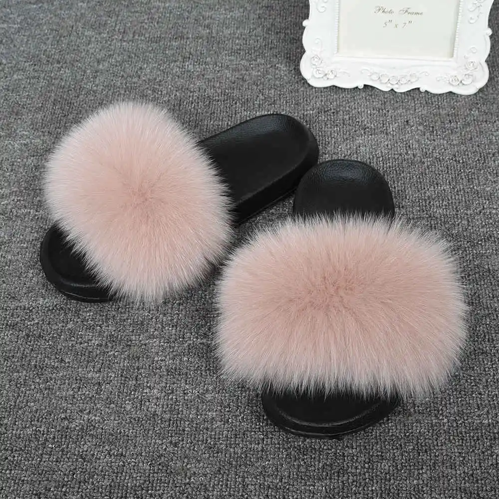 Pale Pink Jancoco Max/модные шлепанцы с натуральным лисьим мехом; женские шлепанцы; летние пляжные сандалии; Вьетнамки с натуральным мехом; S6043 - Цвет: Pale Pink