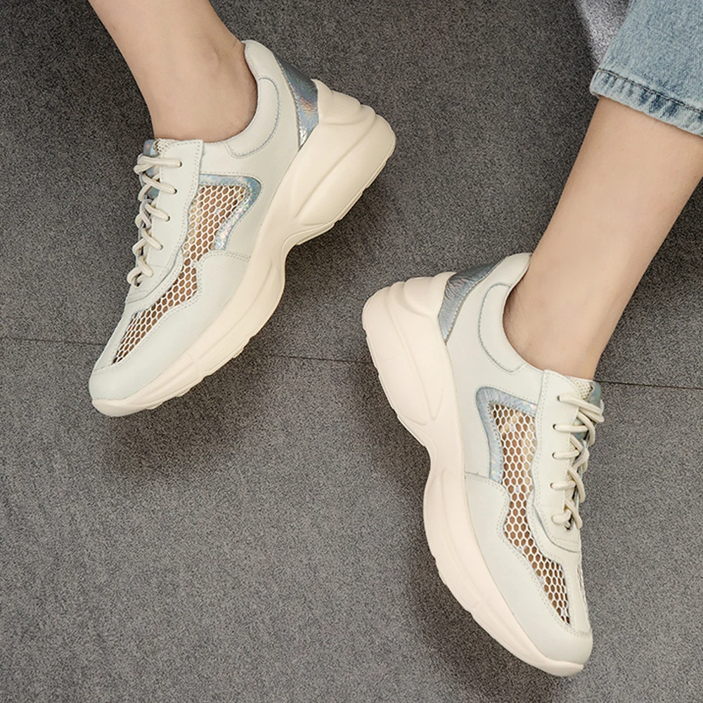 

ANNYMOLI Women Summer Shoes Genuine Leather Flat Platform Shoes Lace Up Cut Out Round Shoes Flats Spring Casual Footwear Beige