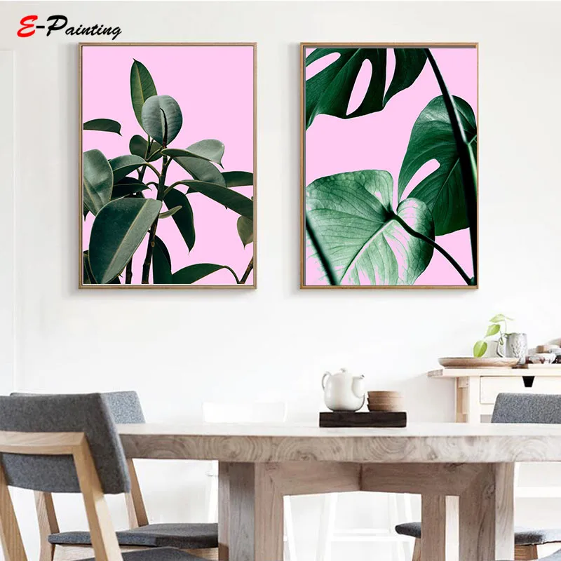 Современное искусство стены Зеленая листва Розовый фон Растительные отпечатки Монстера Большой постер Холстовая живопись Домашний декор Картина.