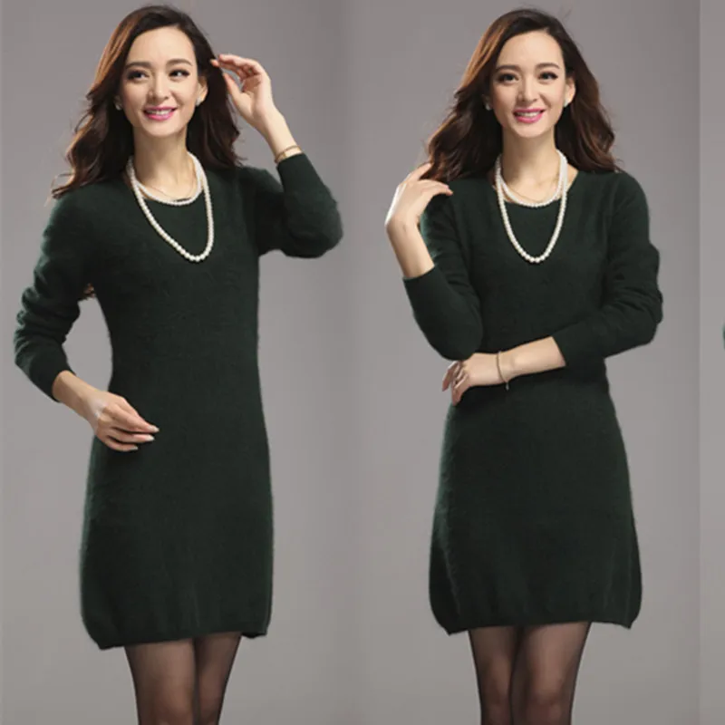 2019 Winter High quality women dress knitted sweater o-neck casual warm Mini Dress 100% mink cashmere pullovers | Женская одежда