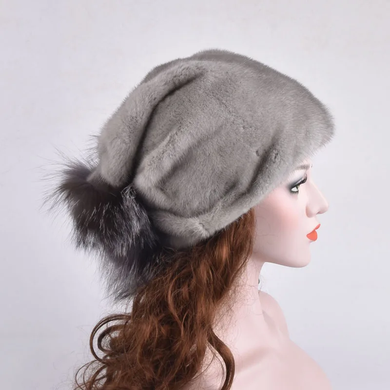 Настоящий полностью из норки меховые шапки с серебряным лисьим мехом Зимние