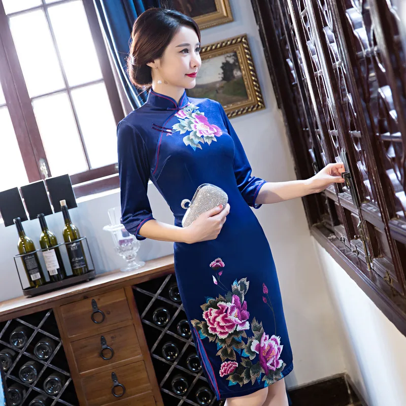 Синее горячее китайское традиционное стрейч велюровое Ципао qipao половина китайское платье-Ципао с рукавами женское Короткое платье бархат Qipao