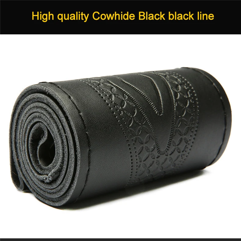 black black line Кожаный чехол рулевого колеса автомобиля с тиснением модные чехлы на руль Оплетка на руль с иглой и резьбой 38 см - Название цвета: black black line