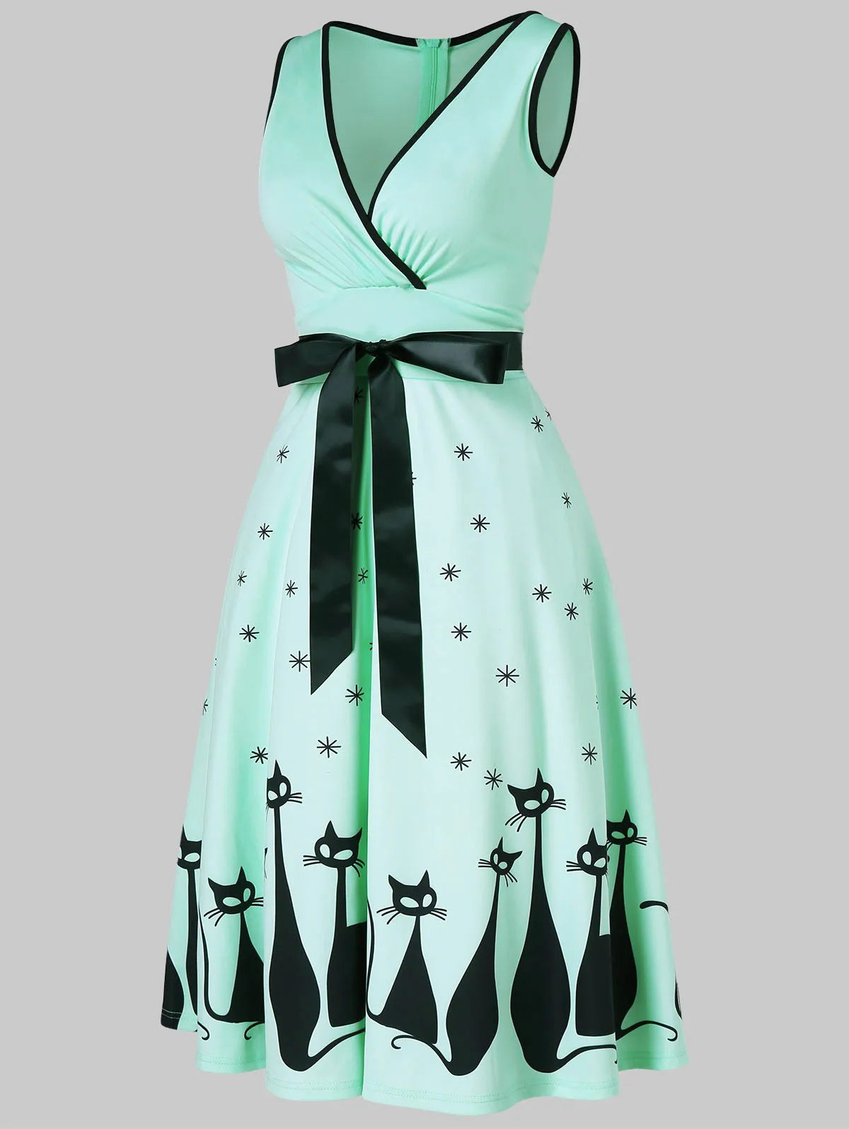 Audrey Hepburn 1960s Party Dress Sexy V Neck Sleeveless Belts Women Retro Cat Print Rockabilly Swing Vestidos Robe | Женская одежда