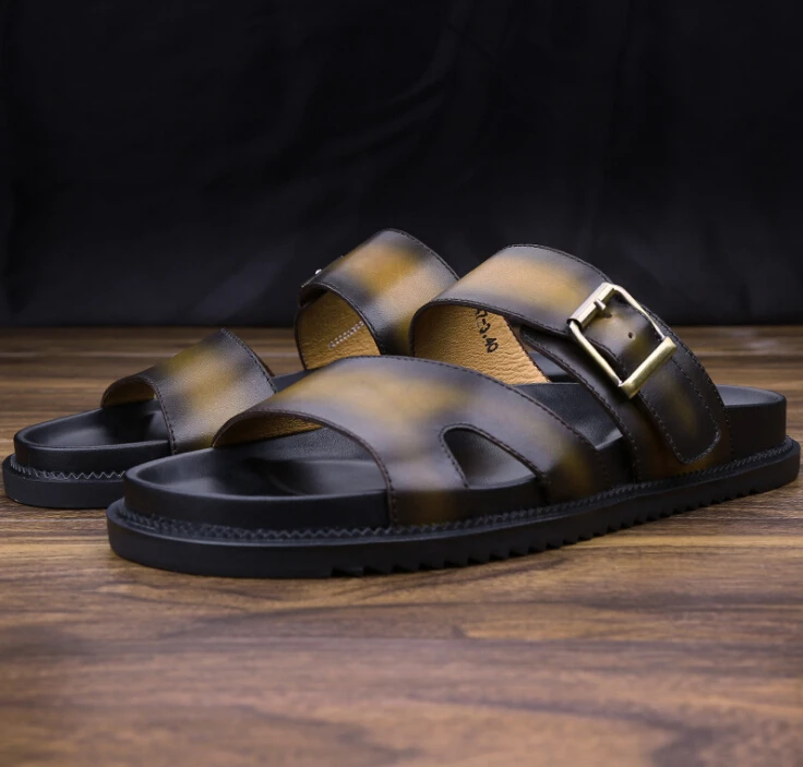 Модные мужские летние сандалии Слиперы коричневые без застежек удобные