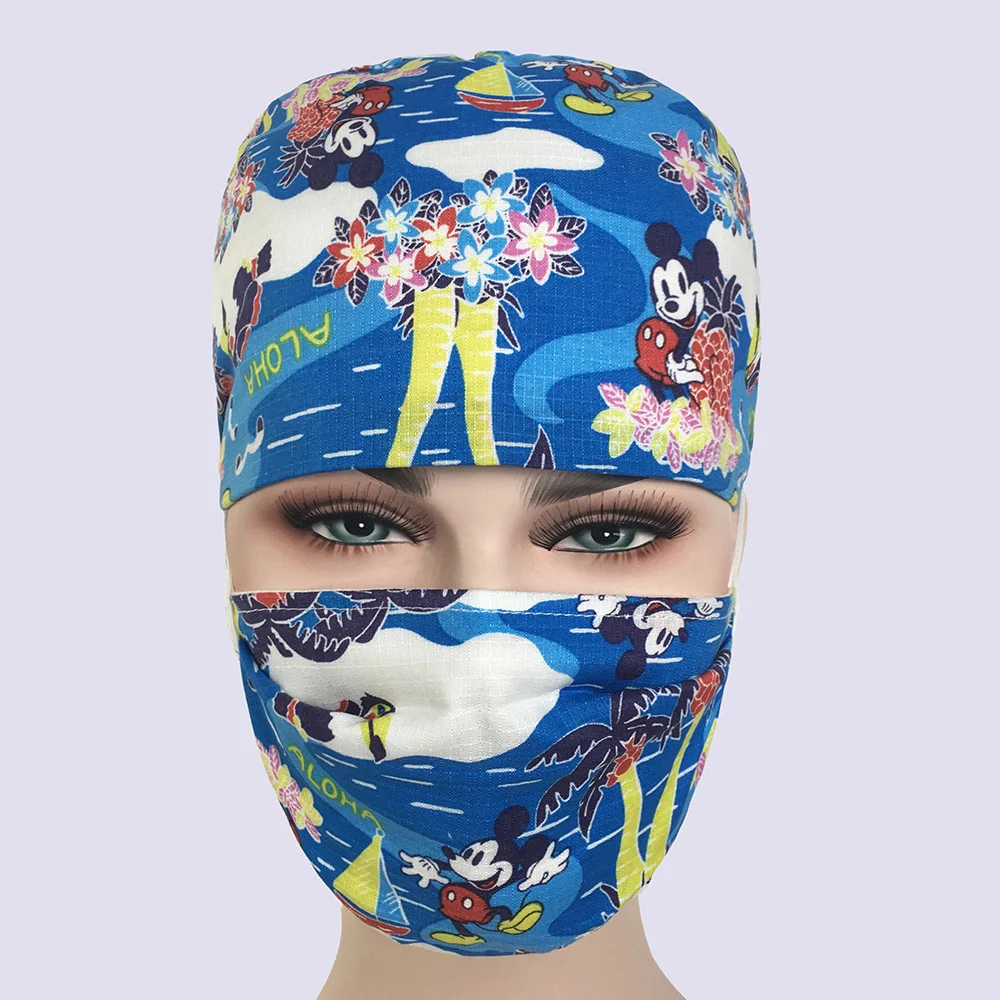 Медицинские скрабы, колпачки, маски, голубые Мультяшные Микки, с принтом, больница, хирургическая клиника, шапки, эластичные повязки, аксессуары для ухода, шапки, маски