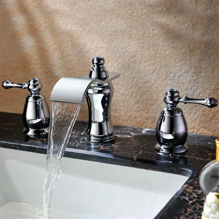 

Luxury chrome Solid brass Bathroom Dual Handle Three Hole Mixer Taps Hot and cold water basin Waterfall Faucet--5287