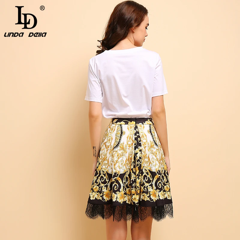 LD LINDA DELLA Fashion Spring Summer Suits Women's Elegant Short Sleeve Beading T-shirt+Vintage Floral Printed Skirt 2Pieces Set